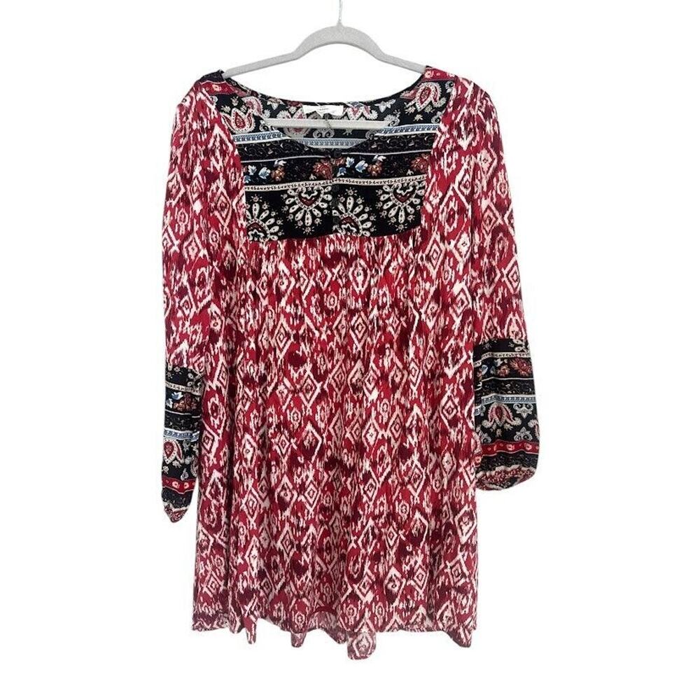Entro Flowy Shift Mini Dress Size Small Red Geometric Hippie Boho Artsy Retro